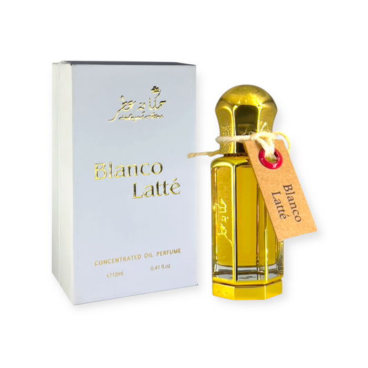 Blanco latte 12 ml Oil perfume by Hekayat Attar bottle with packaging on a white background