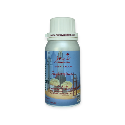 Musky Choco oil perfume by Hekayat Attar bottle with white background