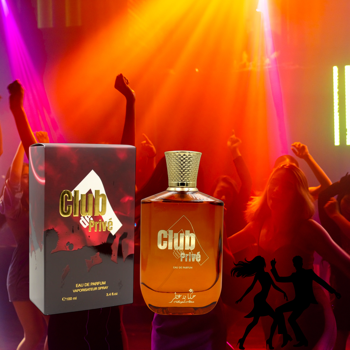 CLUBDE7PRIVE by Hekayat Attar Bottle with party theme background