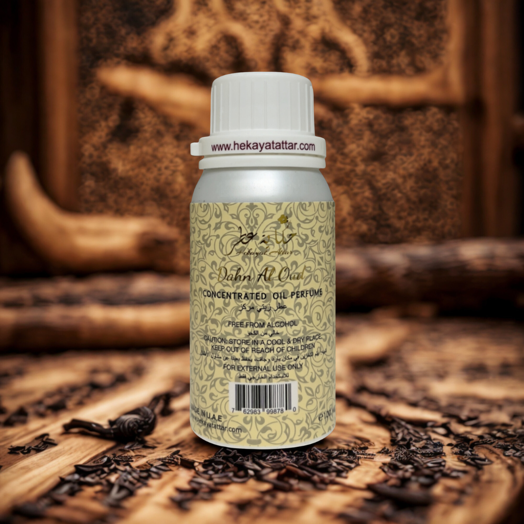 Dahn Al Oud by Hekayat Attar bottle on a luxury background