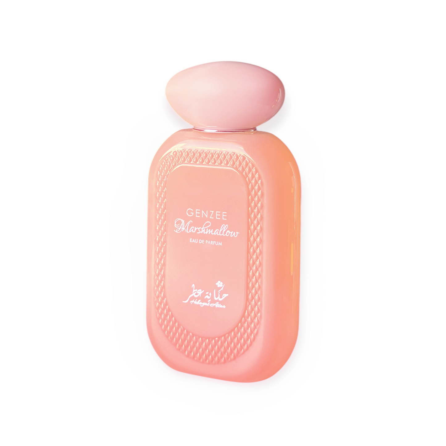 GenzeeGenzee Marshmallow perfume bottle by Hekayat Attar and packaging on a white background