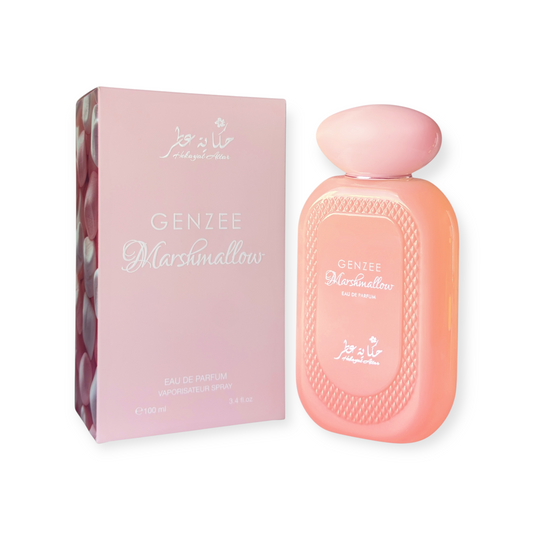 Genzee Marshmallow perfume bottle by Hekayat Attar and packaging on a white background