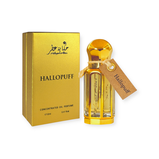 Hallopuff 12 ml Oil perfume by Hekayat Attar bottle with packaging on a white background