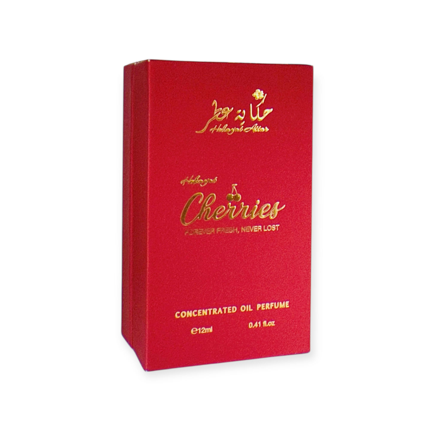 Cherries 12 ml Oil perfume by Hekayat Attar box on a white background