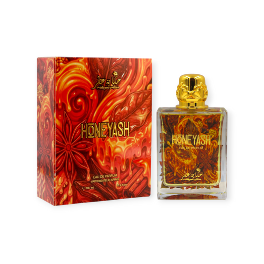 HONEYASH luxury perfume bottle showing golden honey and smoky tobacco amber fragrance notes.