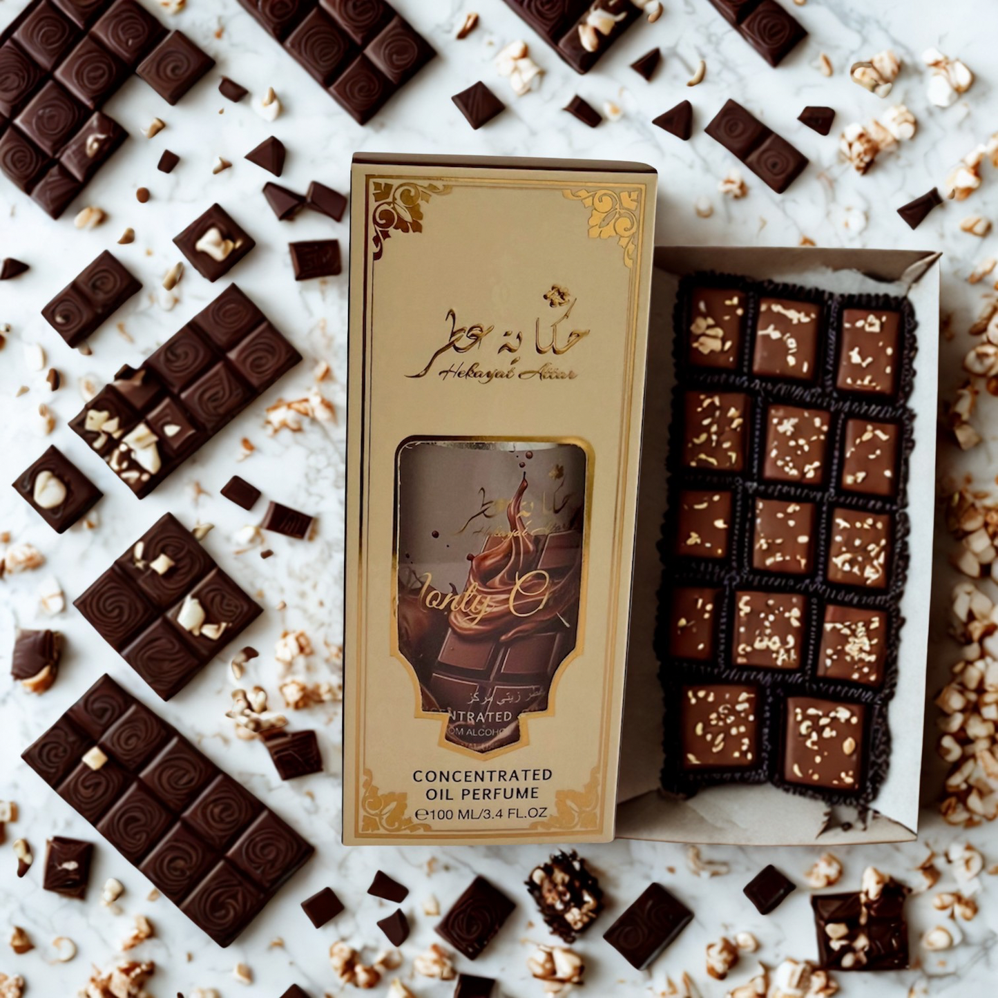 Monty Chocolate by Hekayat Attar bottle with packaging on a luxury background