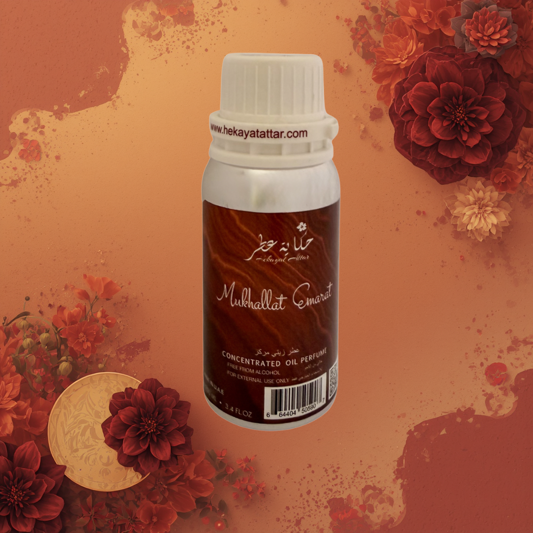 Mukhallat Emarat by Hekayat Attar bottle with Luxury background