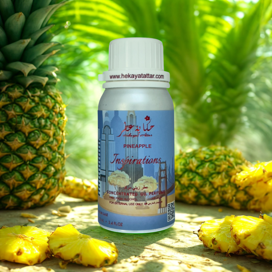 Pineapple oil perfume by Hekayat Attar bottle with luxury background