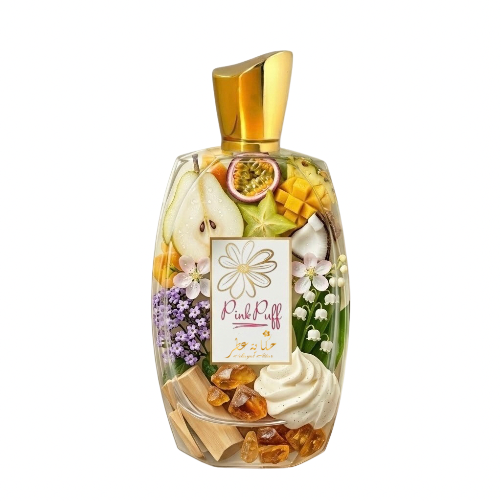 Pinkpuff by Hekayat Attar bottle with notes on a white background