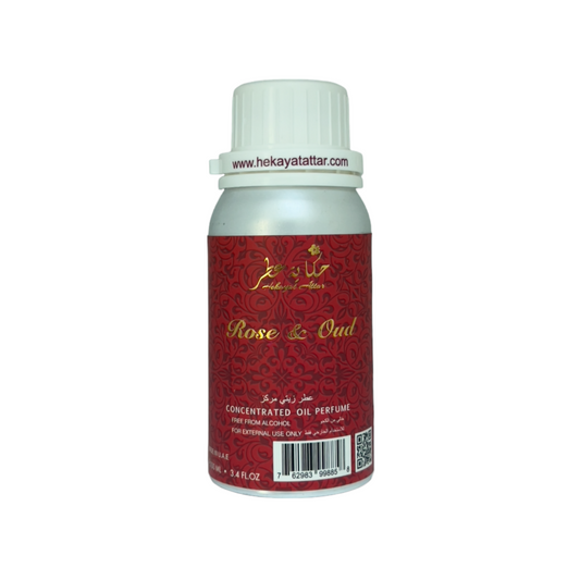 ROSE AND OUD perfume oil by Hekayat Attar Bottle on a white background