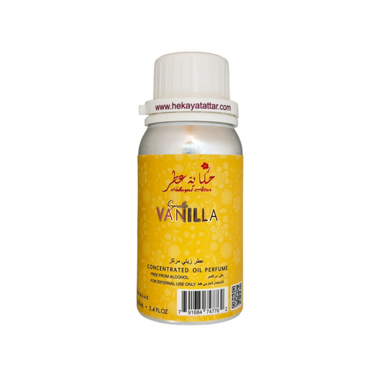 smooth vanilla Perfume Oil by Hekayat Attar bottle on a white background