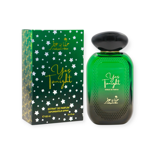 Green 'Yestonight' perfume bottle by Hekayat Attar and packaging on a white background