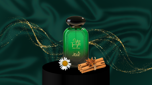 perfume bottle Yes Tonight by Hekayat Attar is displayed with a flower
