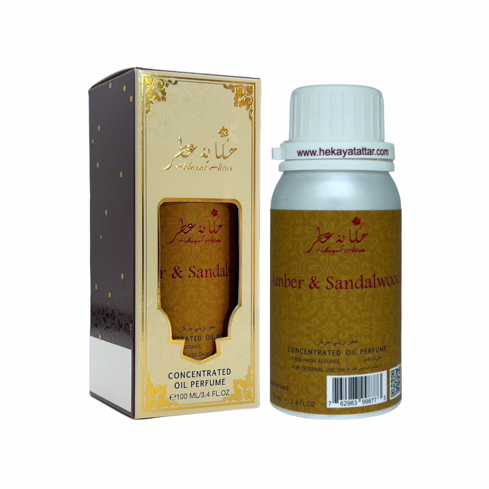 Amber & Sandalwood 100 ML OIL PERFUME by Hekayat Attar Bottle and packaging with white background
