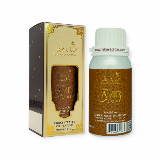Hekayat Amiri Oud by Hekayat Attar bottle with packaging on a white background