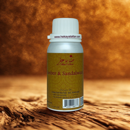Amber & Sandalwood 100 ML OIL PERFUME by Hekayat Attar Bottle with luxury background