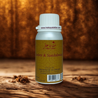 Amber & Sandalwood 100 ML OIL PERFUME by Hekayat Attar Bottle with luxury background