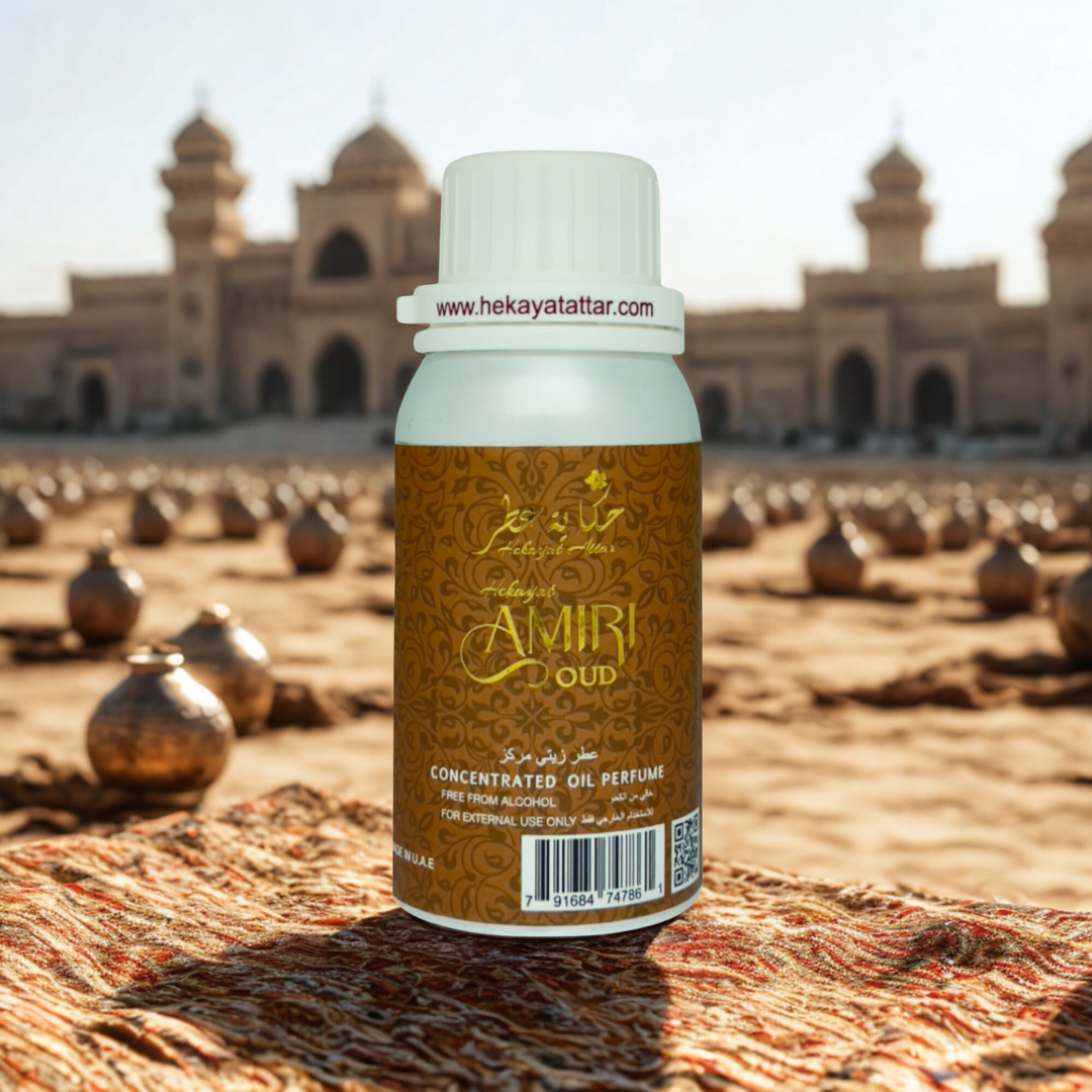 Hekayat Amiri Oud by Hekayat Attar bottle with luxury background
