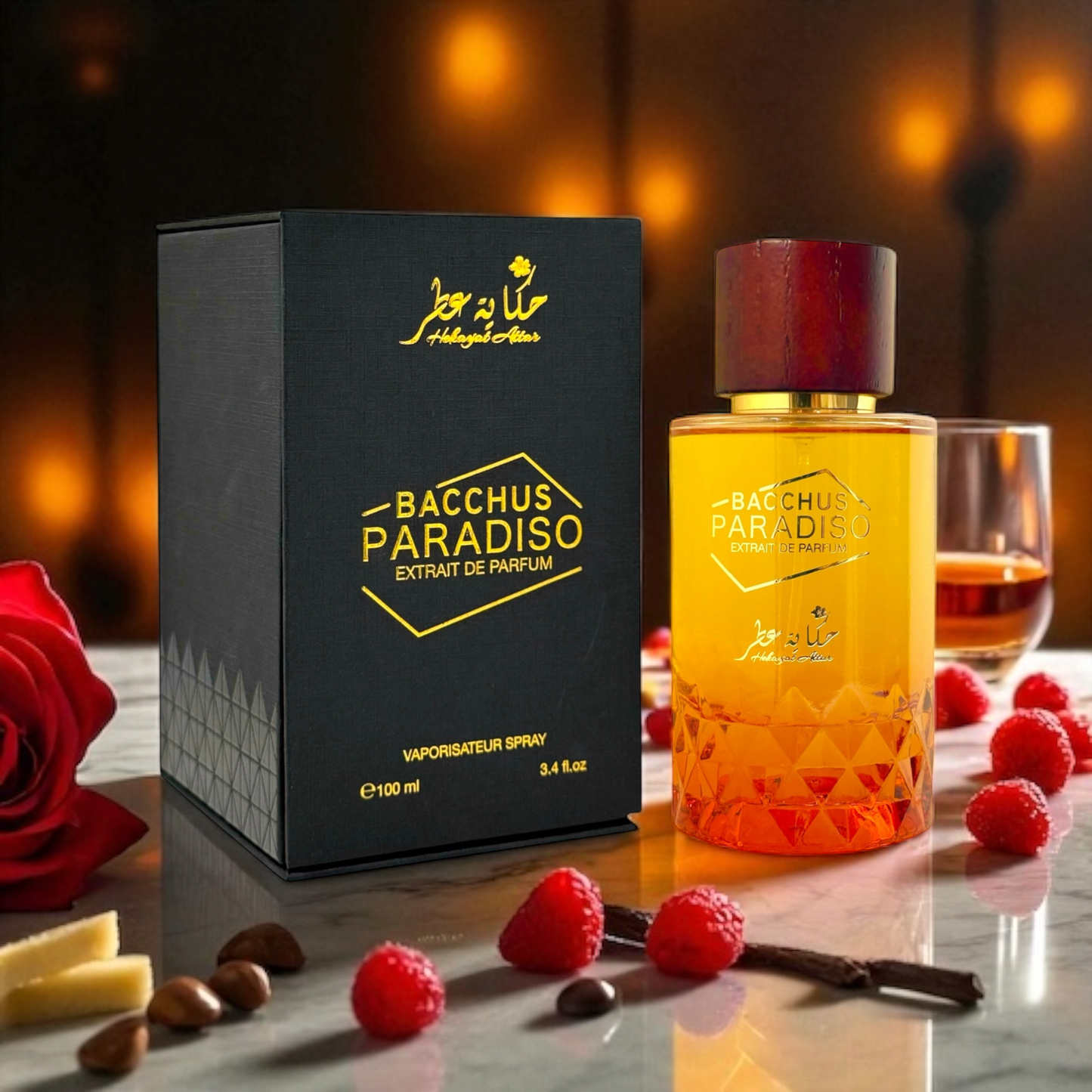Bacchus Paradiso by Hekayat Attar bottle with packing with notes background