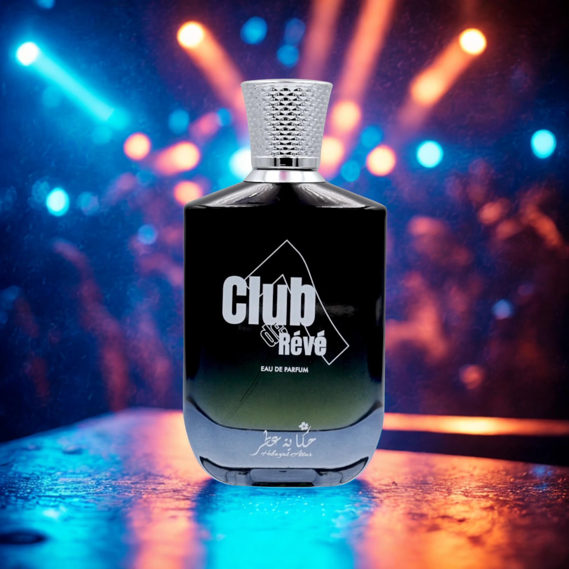 CLUBDE7REVE by Hekayat Attar bottle on a party theme background