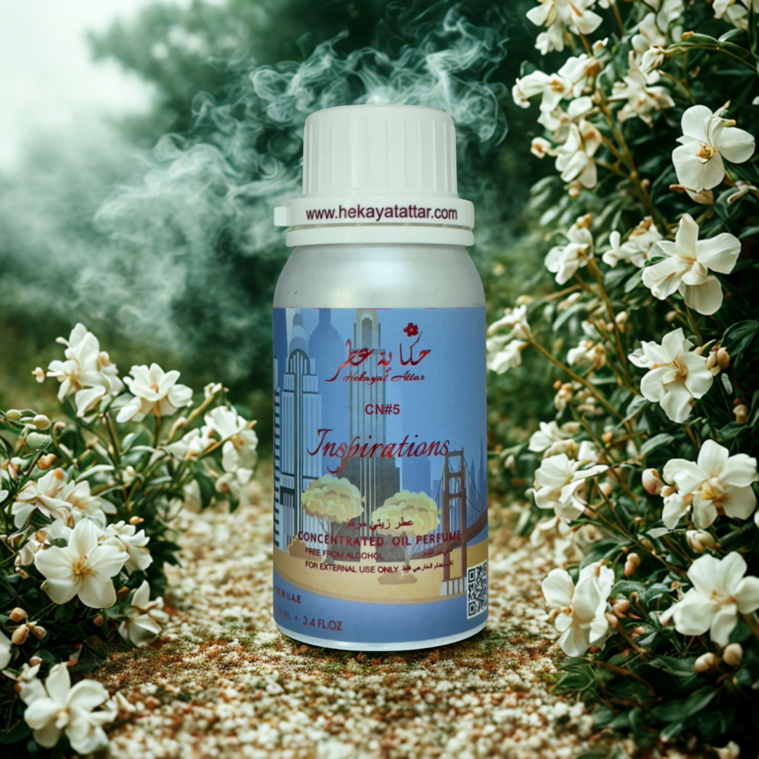 CN#5 oil perfume by Hekayat Attar bottle with luxury background