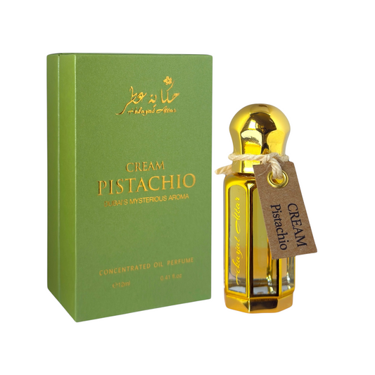 Cream pistachio 12 ml Oil perfume by Hekayat Attar bottle with packaging on a white  background
