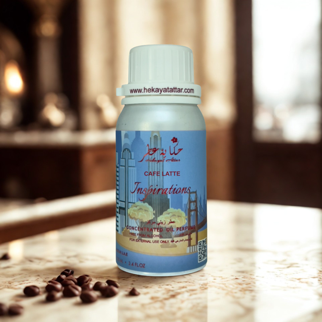 Cafe latte oil  perfume by Hekayat Attar bottle with luxury background