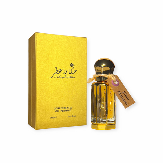 Elixir Maharaj 12 ml Oil perfume by Hekayat Attar bottle with packaging on a white background