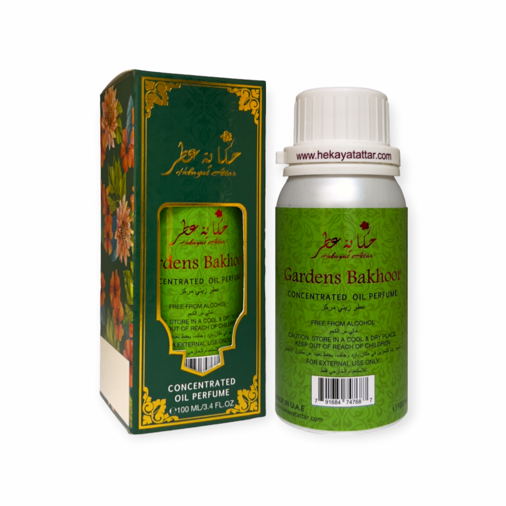 GARDENS BAKHOOR 100 ML OIL PERFUME by Hekayat Attar Bottle and packaging with white background
