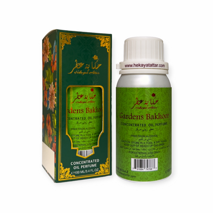GARDENS BAKHOOR 100 ML OIL PERFUME by Hekayat Attar Bottle and packaging with white background