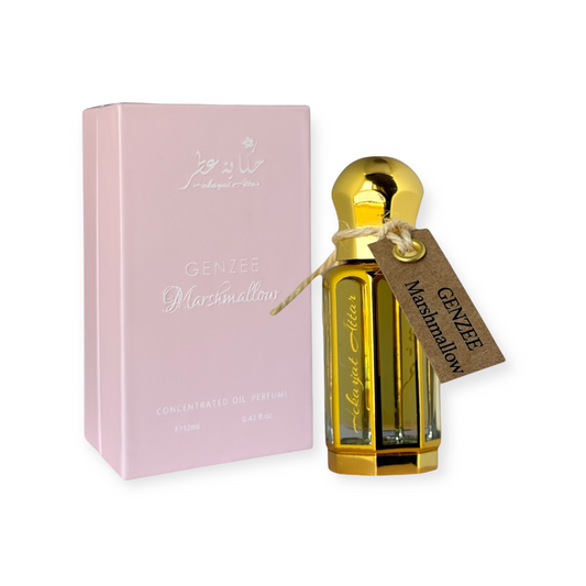 Genzee Marshmallow 12 ml Oil perfume by Hekayat Attar bottle with packaging on a white  background