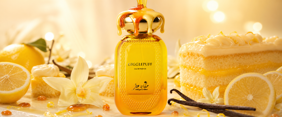 A bottle of Gogglepuff Eau de Parfum with a golden cap, styled with lemons, vanilla beans, and a slice of cake on a warm, glowing background.