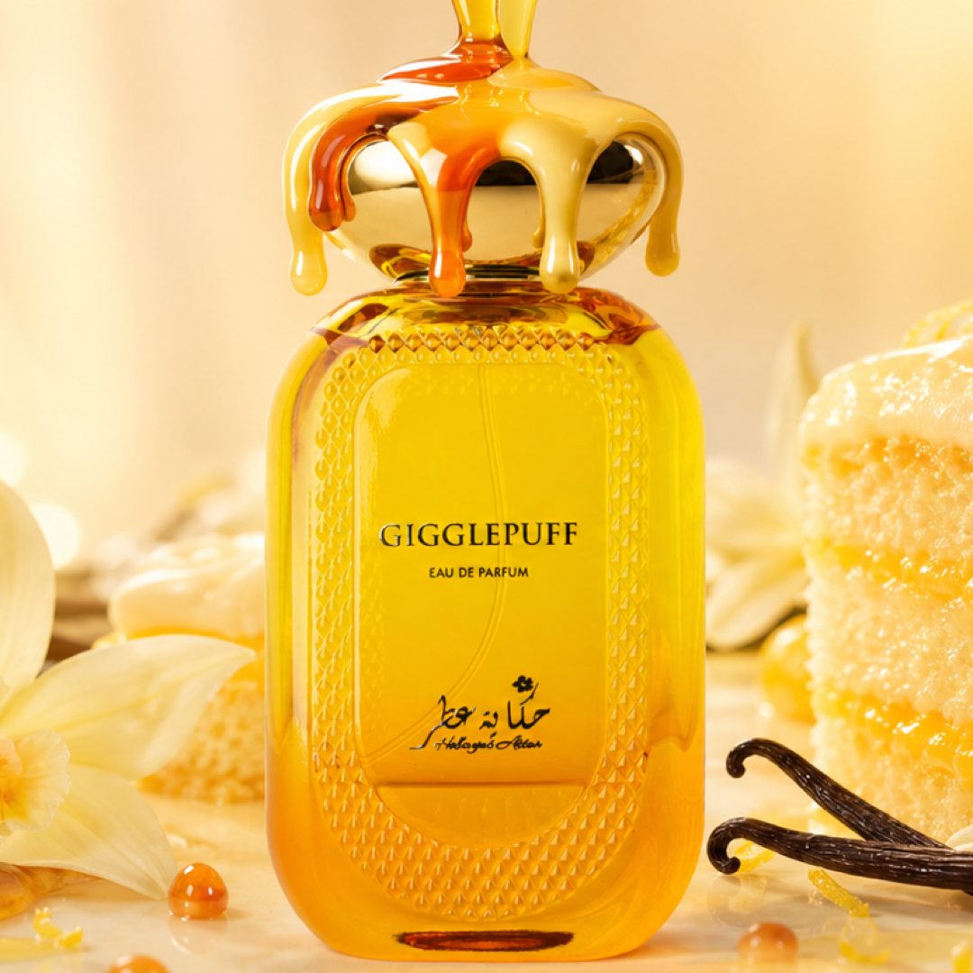 A bottle of Gogglepuff Eau de Parfum with a golden cap, styled with lemons, vanilla beans, and a slice of cake on a warm, glowing background.