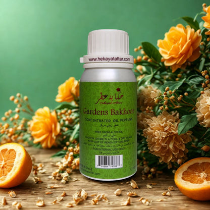GARDENS BAKHOOR 100 ML OIL PERFUME by Hekayat Attar Bottle with luxury background