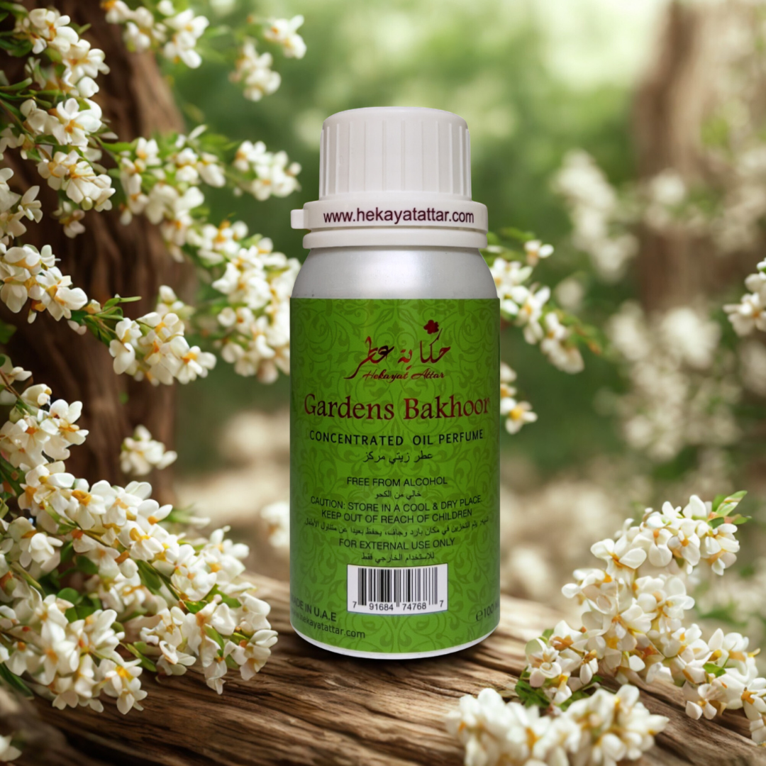 GARDENS BAKHOOR 100 ML OIL PERFUME by Hekayat Attar Bottle with luxury background