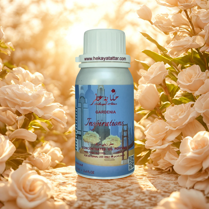 Gardenia oil perfume by Hekayat Attar bottle with luxury background