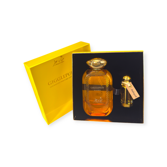 Gigglepuff giftset by Hekayat Attar Bottle with packaging on a white background