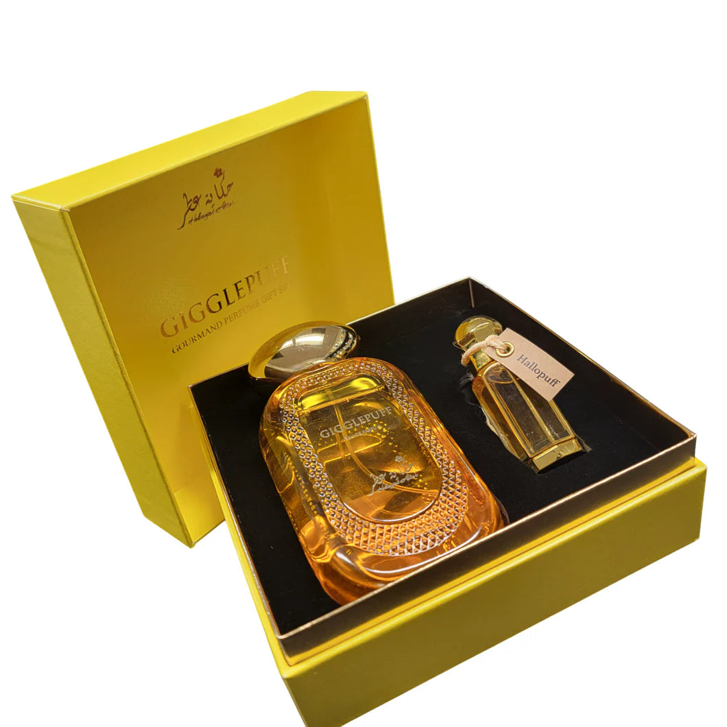 Gigglepuff giftset by Hekayat Attar Bottle with packaging on a white background
