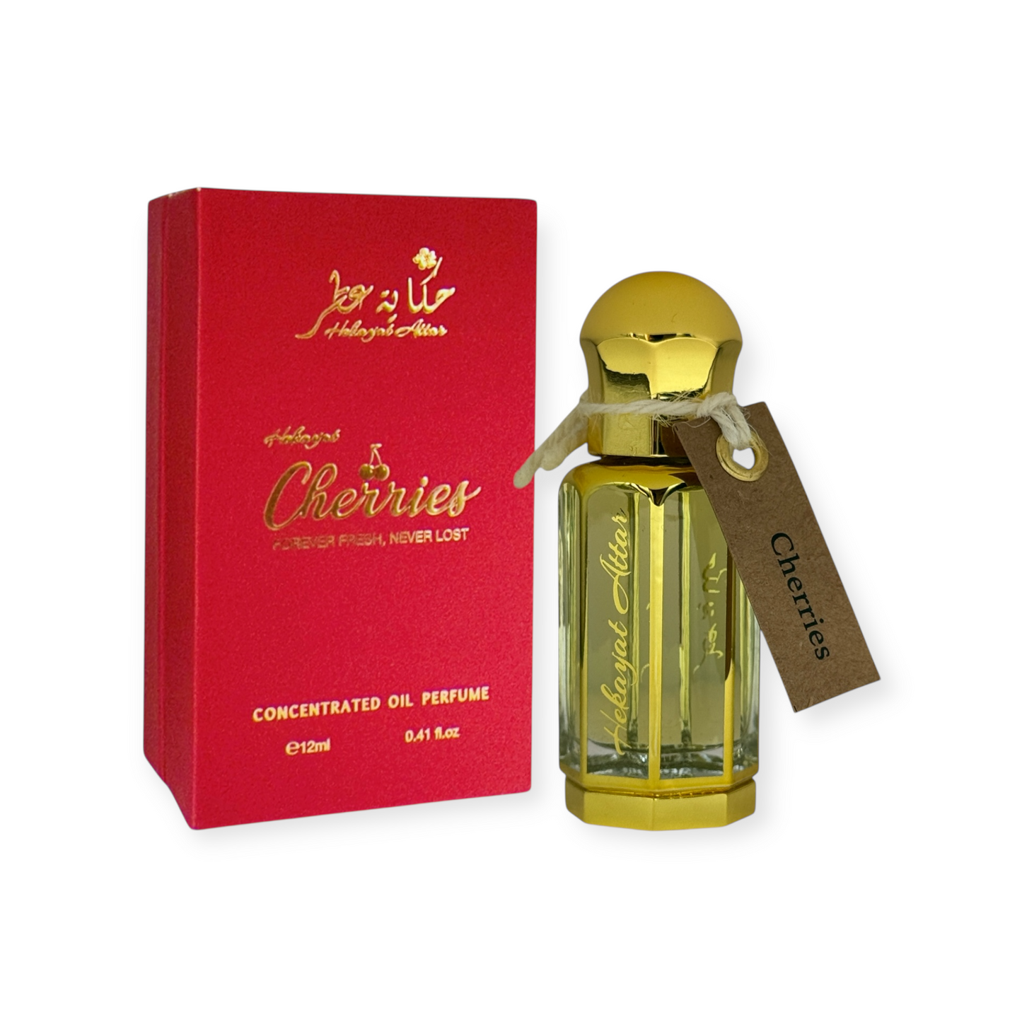 Cherries 12 ml Oil perfume by Hekayat Attar bottle with packaging on a white  background