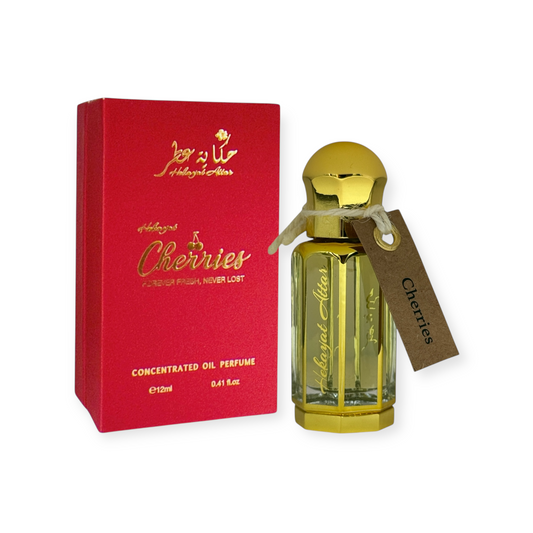 Cherries 12 ml Oil perfume by Hekayat Attar bottle with packaging on a white  background