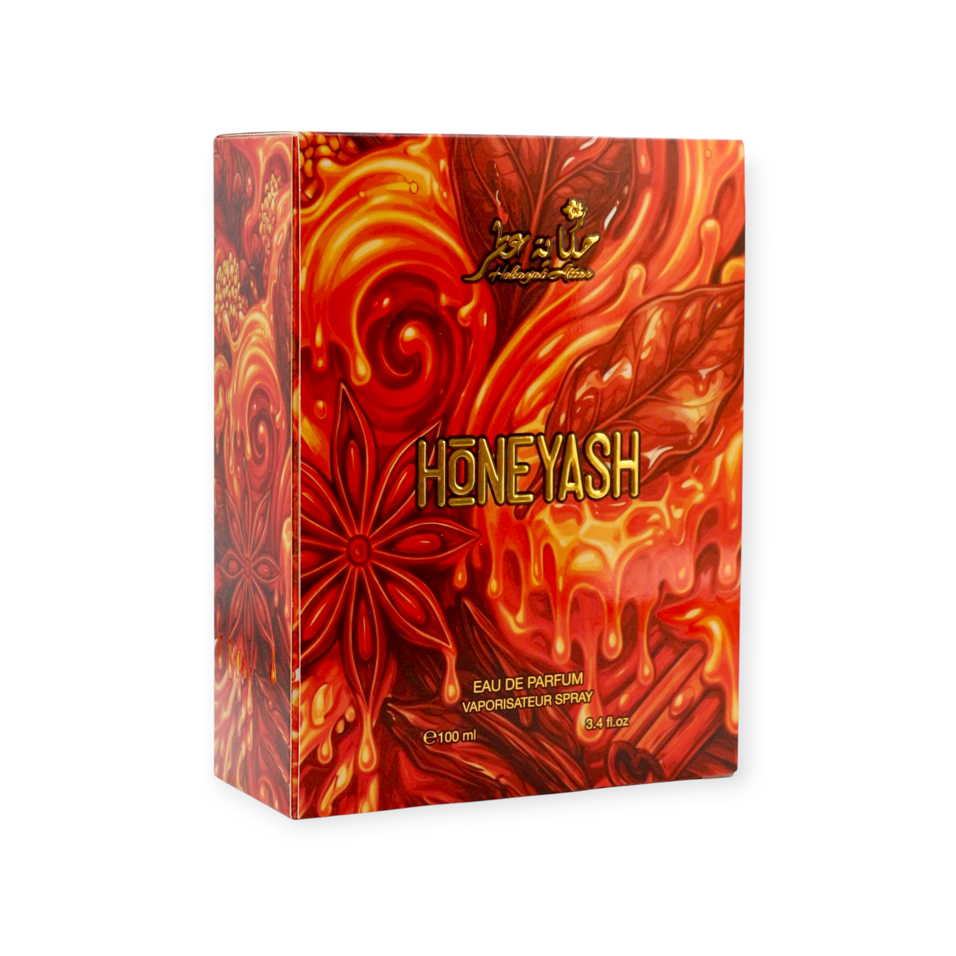 HONEYASH luxury perfume packing branded Hekayat Attar showing golden honey and smoky tobacco amber fragrance notes.