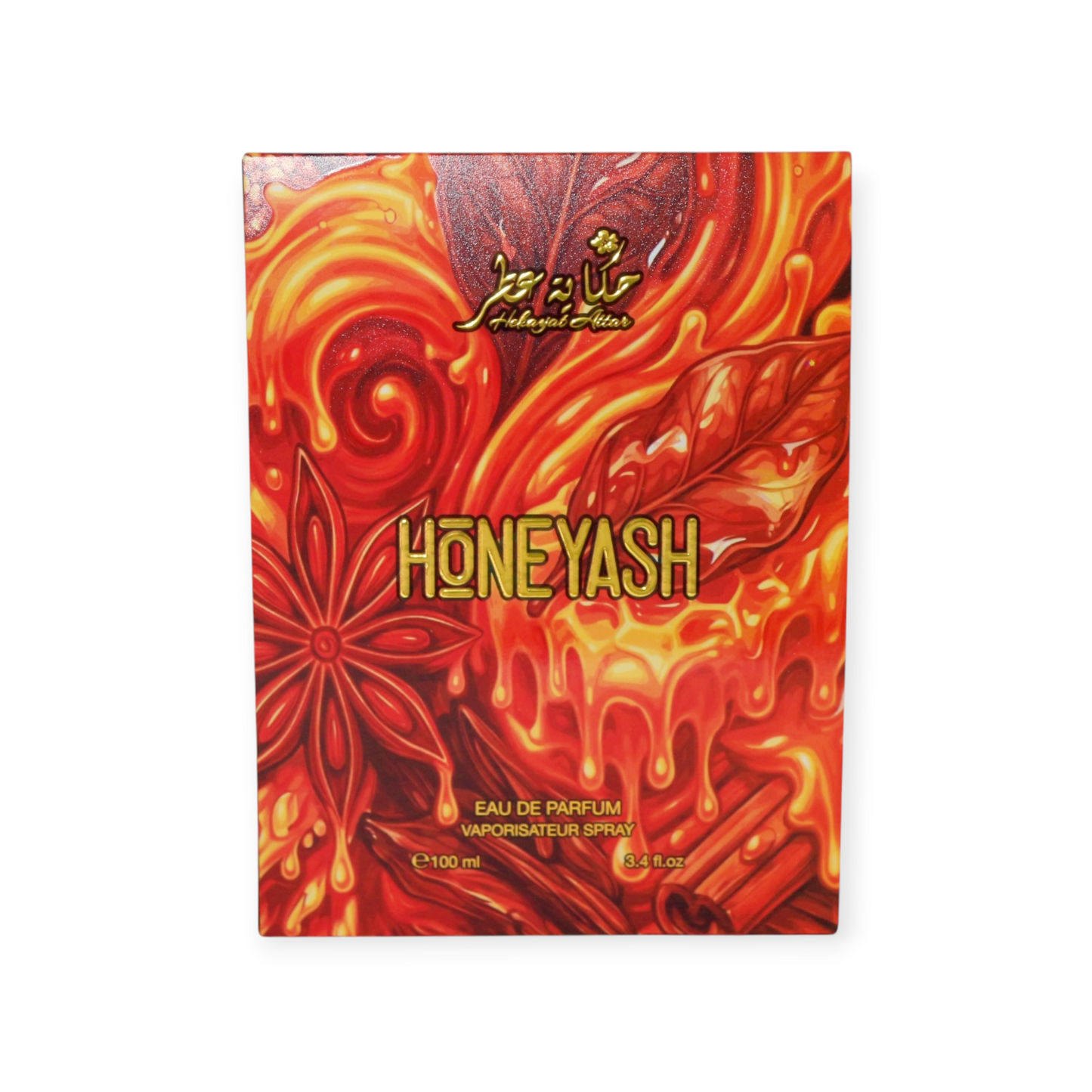 HONEYASH luxury perfume package showing golden honey and smoky tobacco amber fragrance notes.