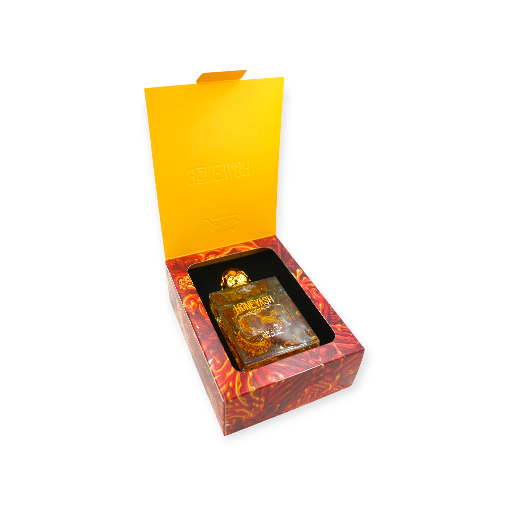 HONEYASH luxury perfume packaging showing golden honey scented perfume
