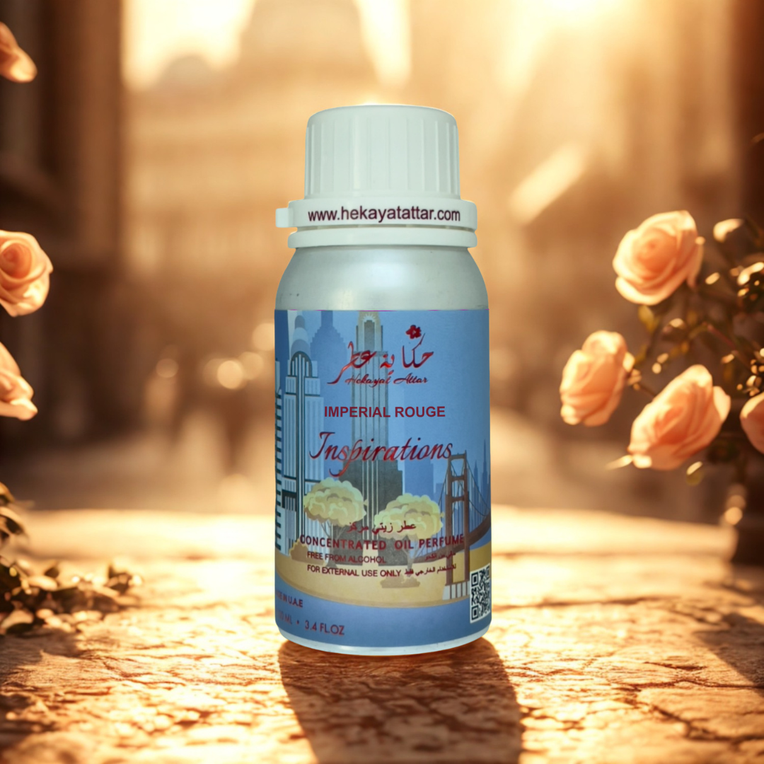 Imperial  rouge oil perfume by Hekayat Attar bottle with luxury background