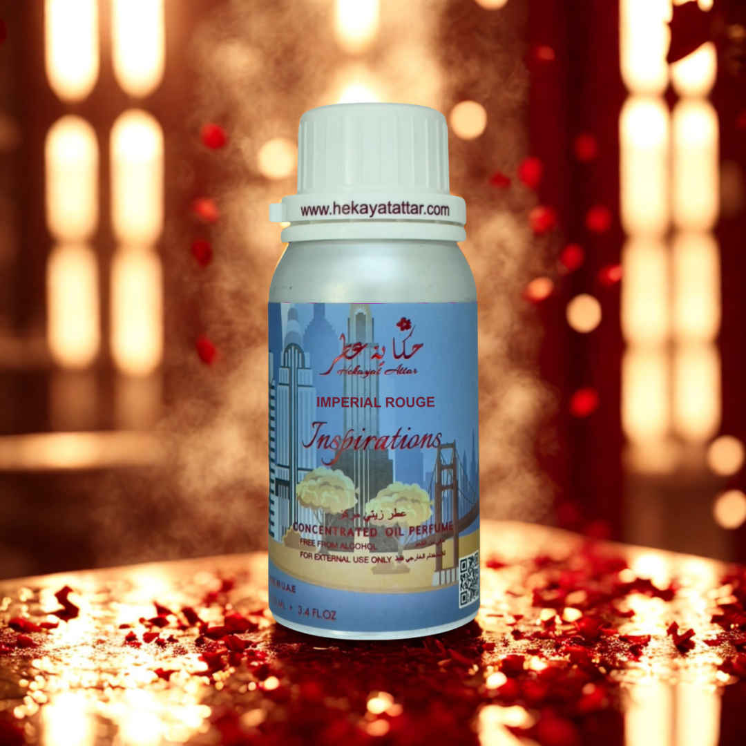 Imperial Rouge oil perfume by Hekayat Attar bottle with luxury background