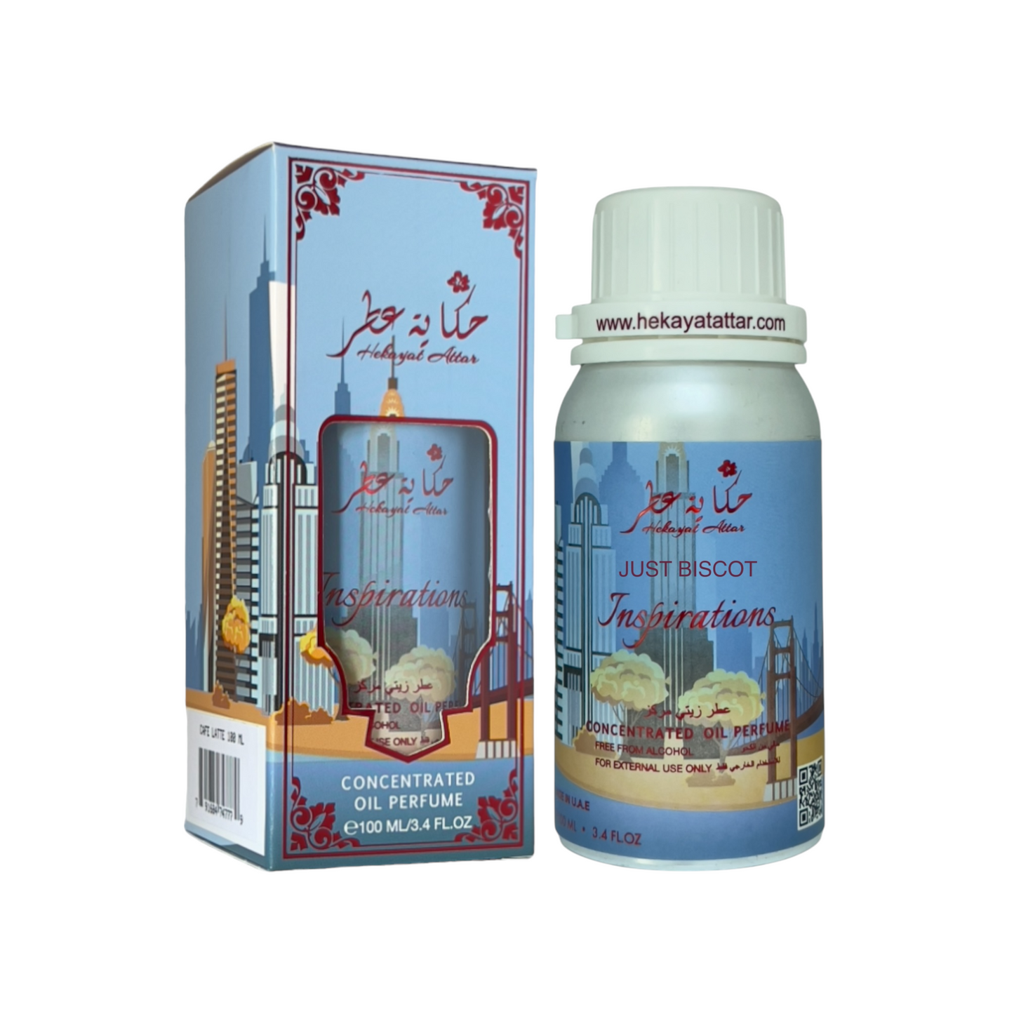 Just Biscot oil perfume by Hekayat Attar bottle and packaging with white background