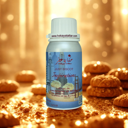 Just Biscott oil  perfume by Hekayat Attar bottle with luxury background