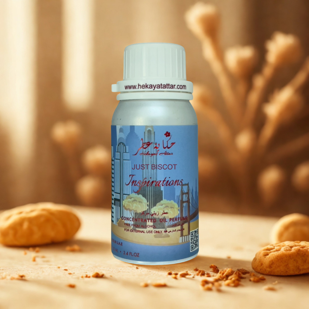 Just Biscott oil  perfume by Hekayat Attar bottle with luxury background
