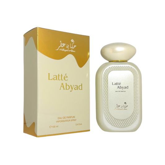 Latte Abyad by Hekayat Attar bottle with packing on a white background