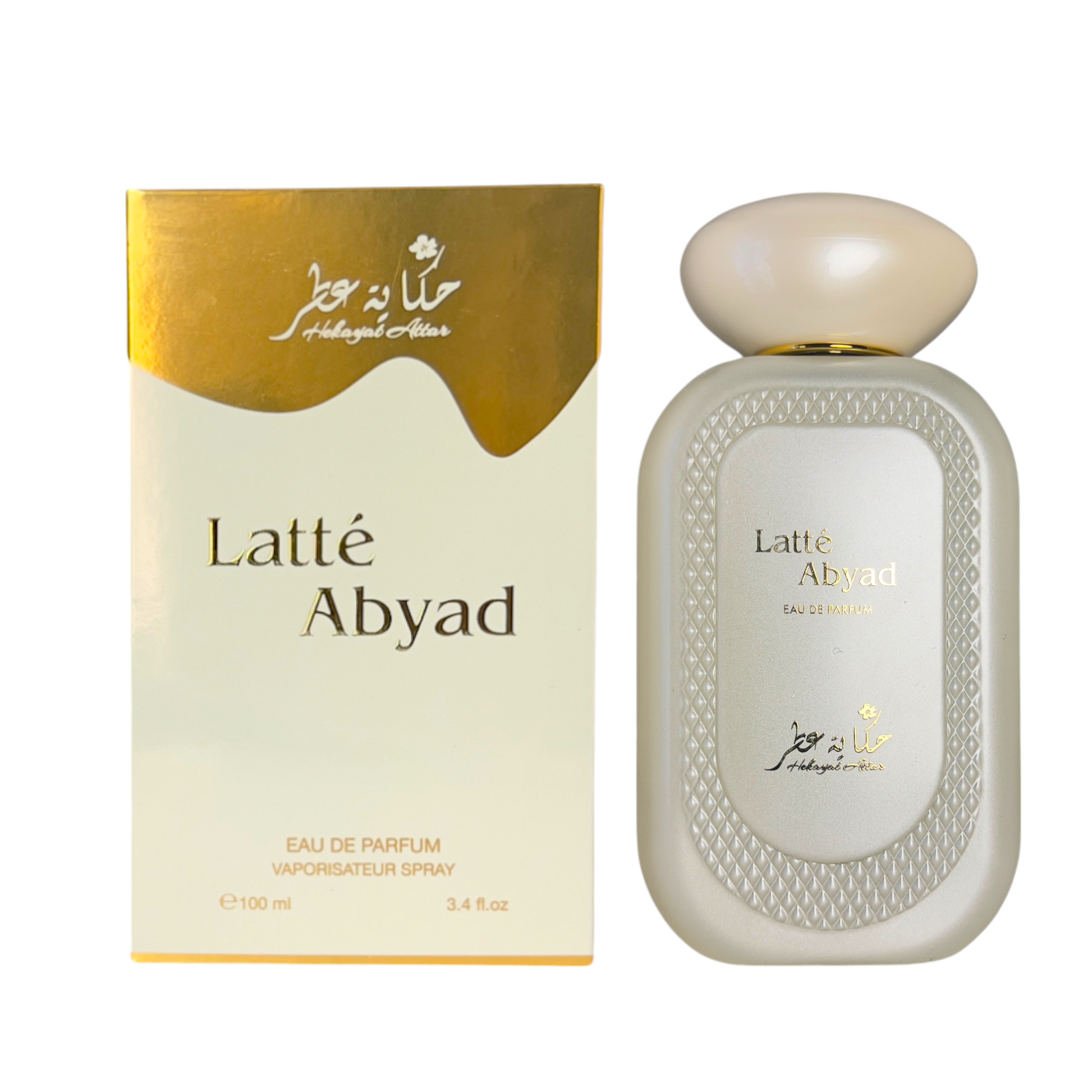 Latte Abyad by Hekayat Attar bottle with packing on a white background